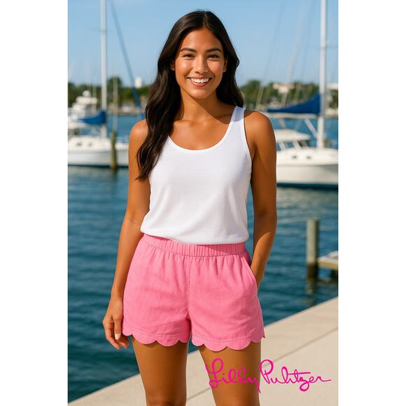 Lilly Pulitzer Solid Pink Scalloped Linen Shorts Sz. XL - Picture 1 of 4